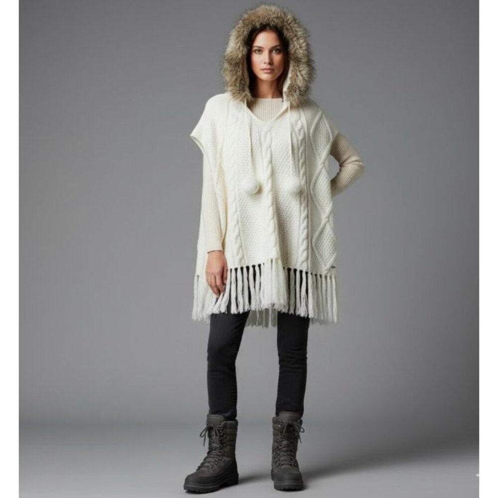 Tommy Hilfiger Cable Knit Poncho Sweater Faux Fur Trim Hooded Fringe Hem Onesize - Picture 7 of 16